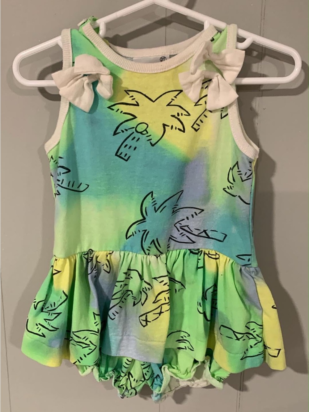 Vintage Girls Tropical Palm Tree Tie-Dye Skirted Romper 2T